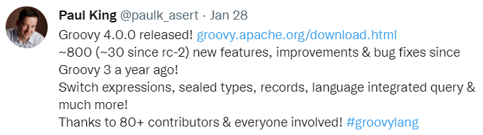 Groovy 4 release tweet